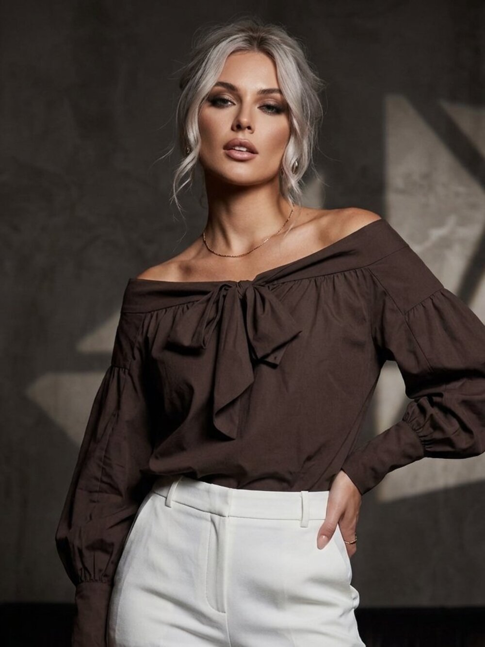 RYU ANTHROPOLOGIE BROWN BLOUSE BOW ACCENT